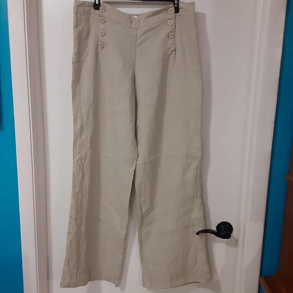Max Studio 100% Linen Button Up Sailor Pants Beige Khaki Wide Leg Size 12